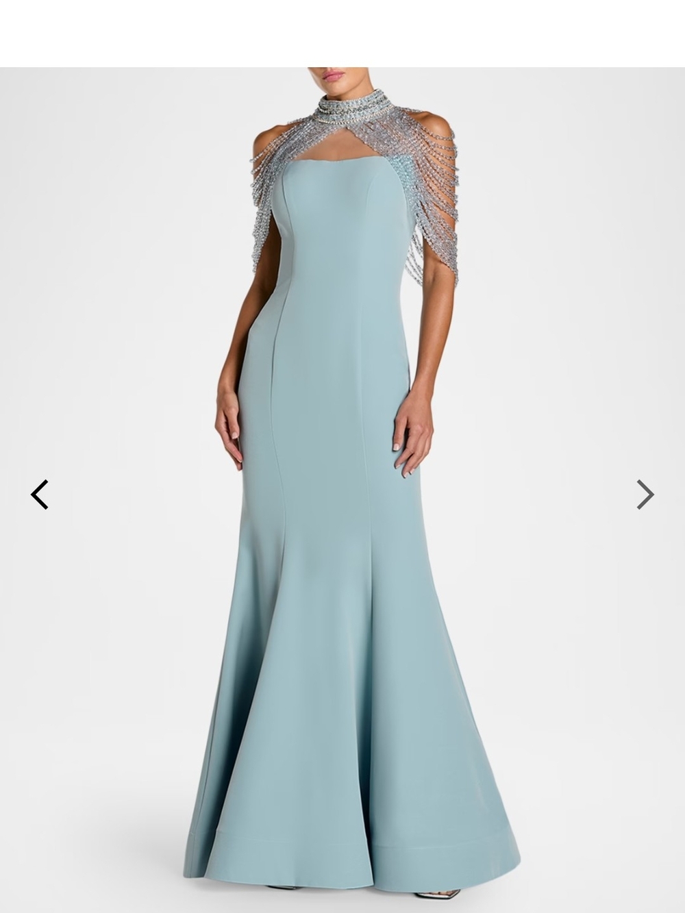 Mac Duggal Powder Blue Mermaid Gown with Beaded Shoulder Cape